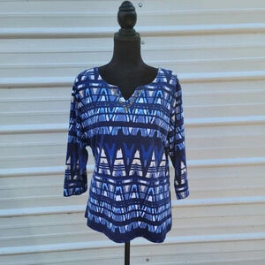 High Fifth Woman's knit top size 2X 3/4 sleeve blue black pattern beads V neck